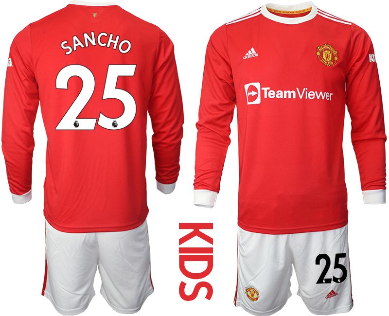 Youth 2021-2022 Club Manchester united home red Long Sleeve #25 Soccer Jersey->youth soccer jersey->Youth Jersey
